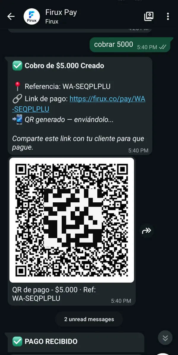 WhatsApp: pides el cobro y Firux genera el link y el QR de pago al instante